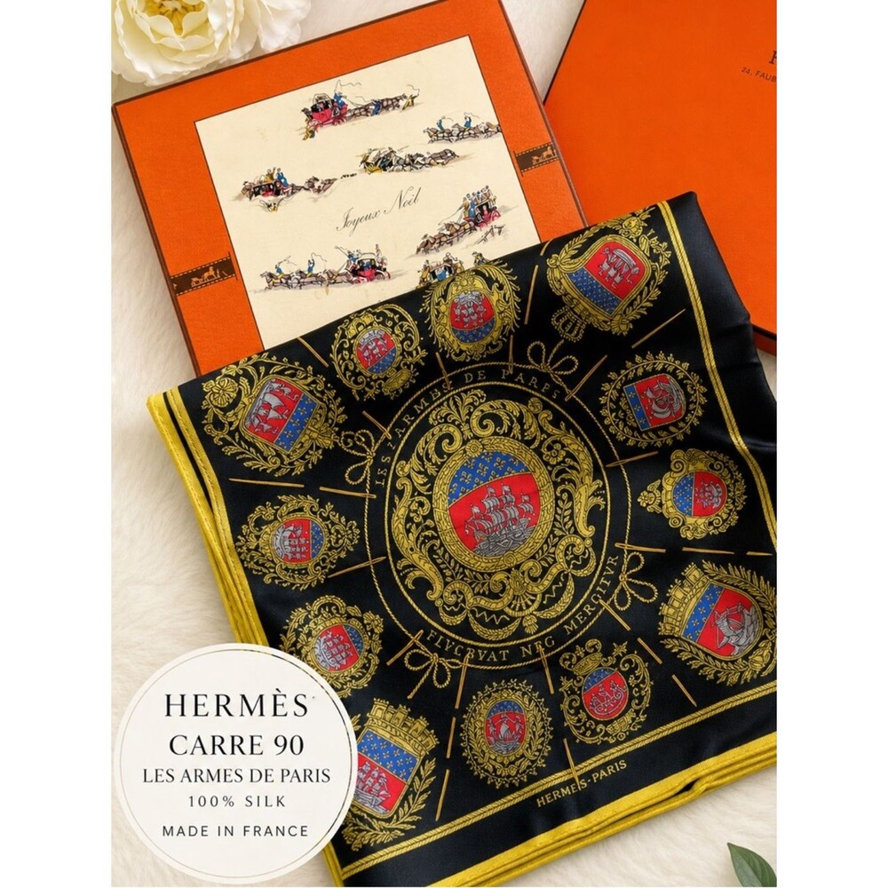 Hermes Les Armes de Paris Silk Scarf in Black and Gold